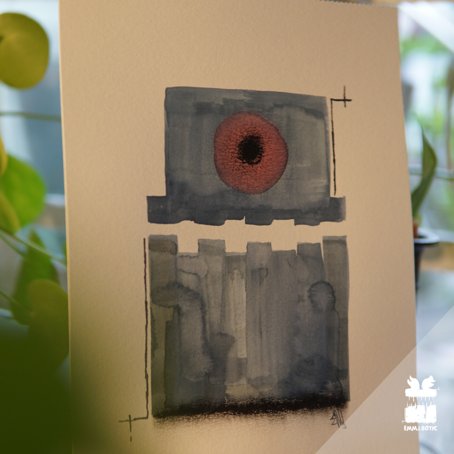 🤖💀🎨#112 "Cobalt Monocular Guardian: Crimson Square Incisors" Aquarell Monster Kunst