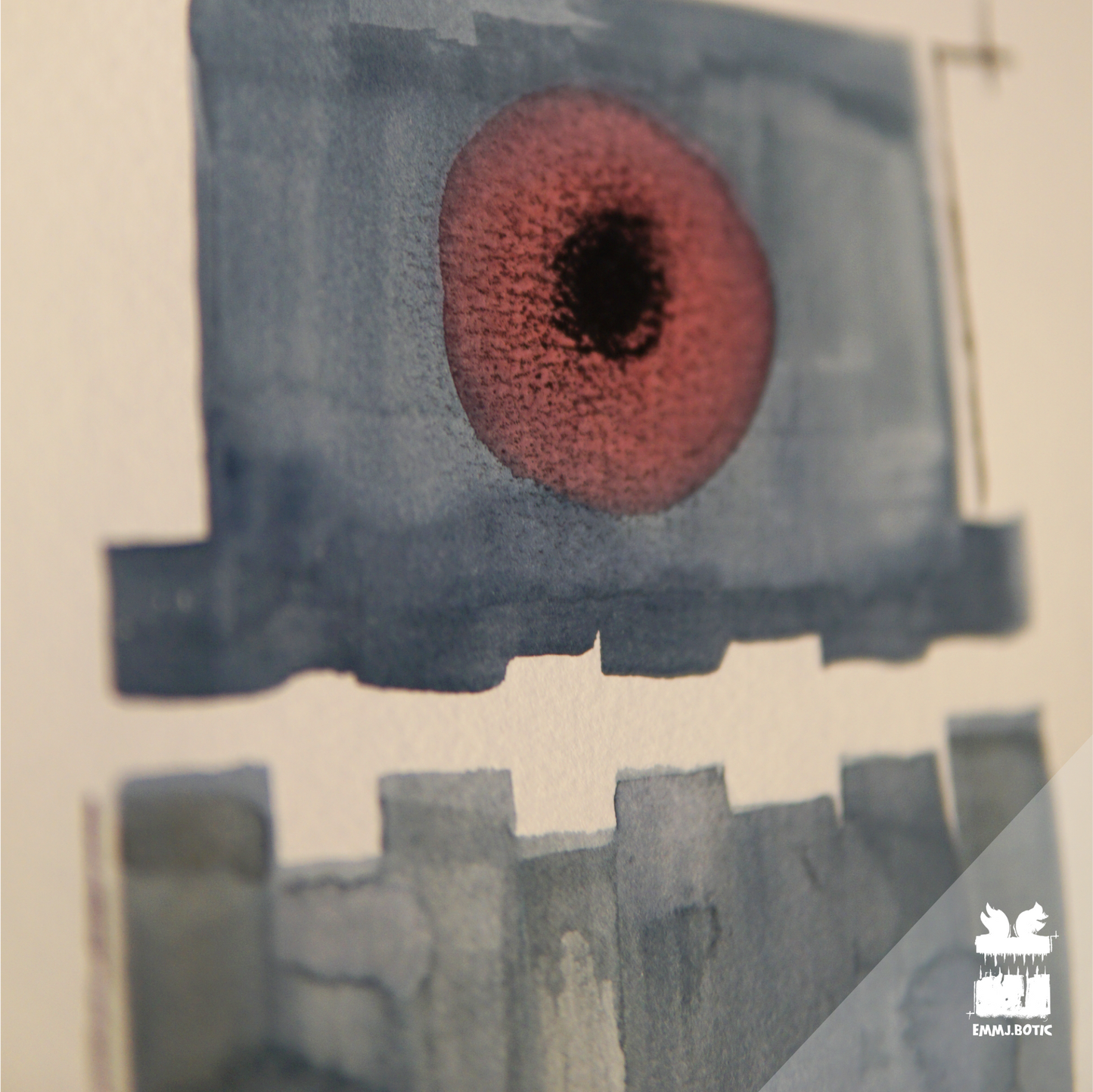 🤖💀🎨#112 "Cobalt Monocular Guardian: Crimson Square Incisors" Aquarell Monster Kunst