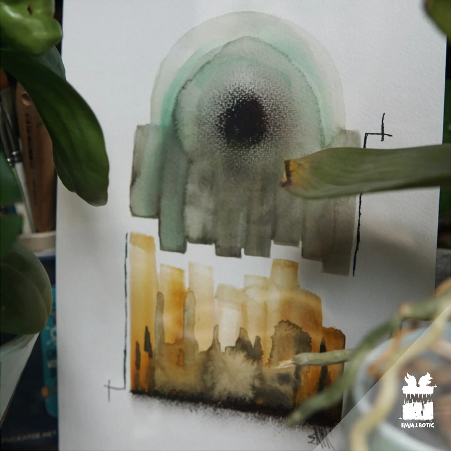 🤖💀🎨#127 "Cylopea: The Verdant Ochre Gazer" Aquarell Monster & Roboter Kunst Erik Halisch-EMMJ