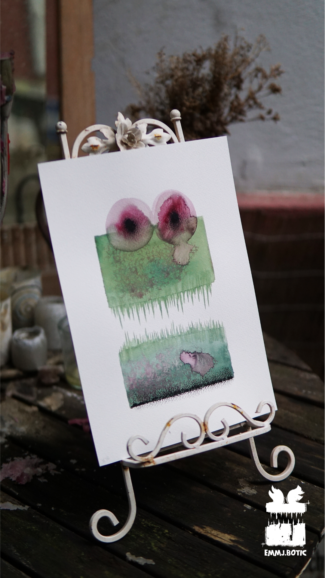 🤖💀🎨#266 "Viridian Inferno: Crimson Marbled Gaze" Aquarell Monster Kunst