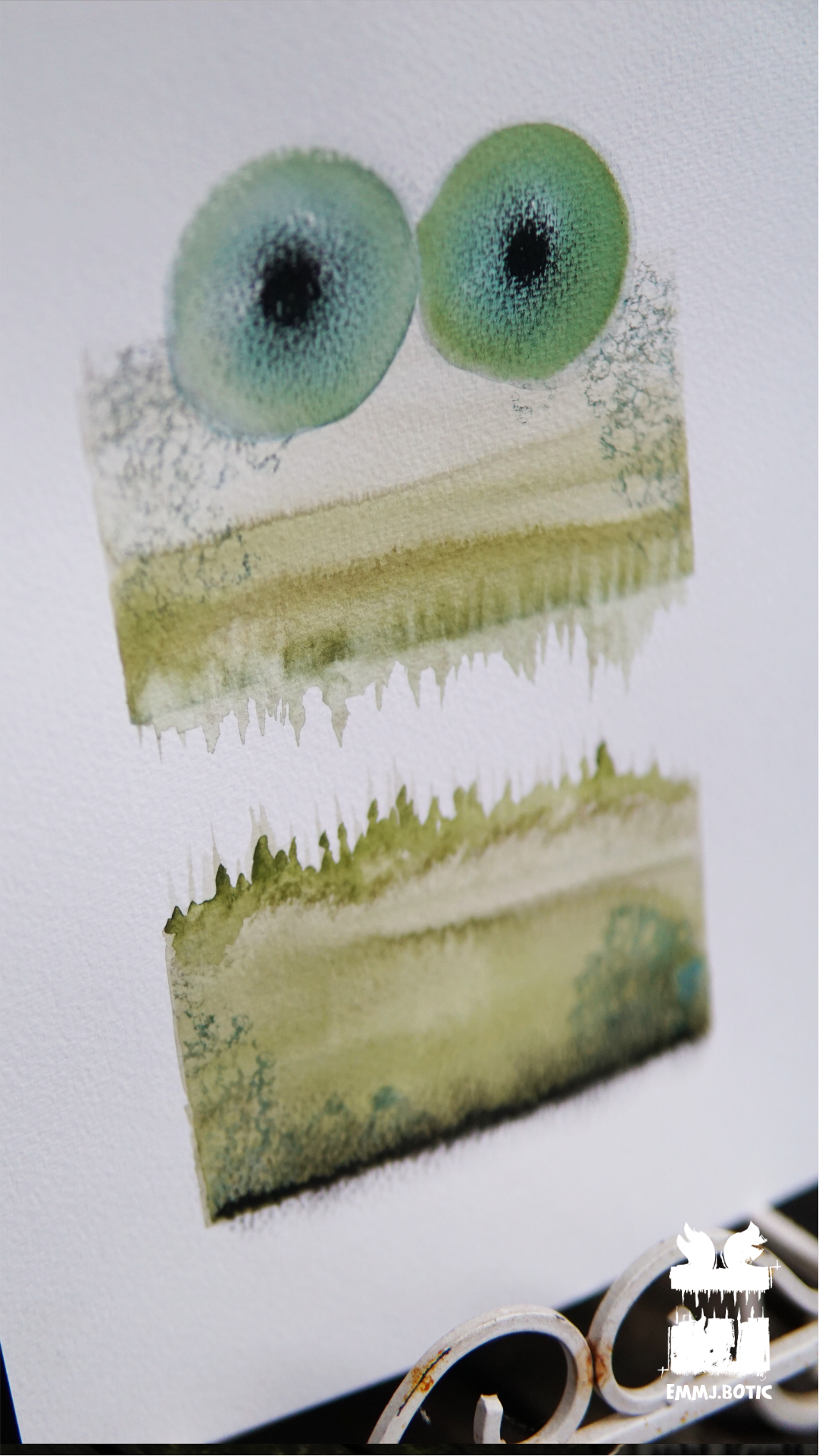 🤖💀🎨#267 "Verdant Azure Behemoth: Sapphire Marbled Stare" Aquarell Monster Kunst