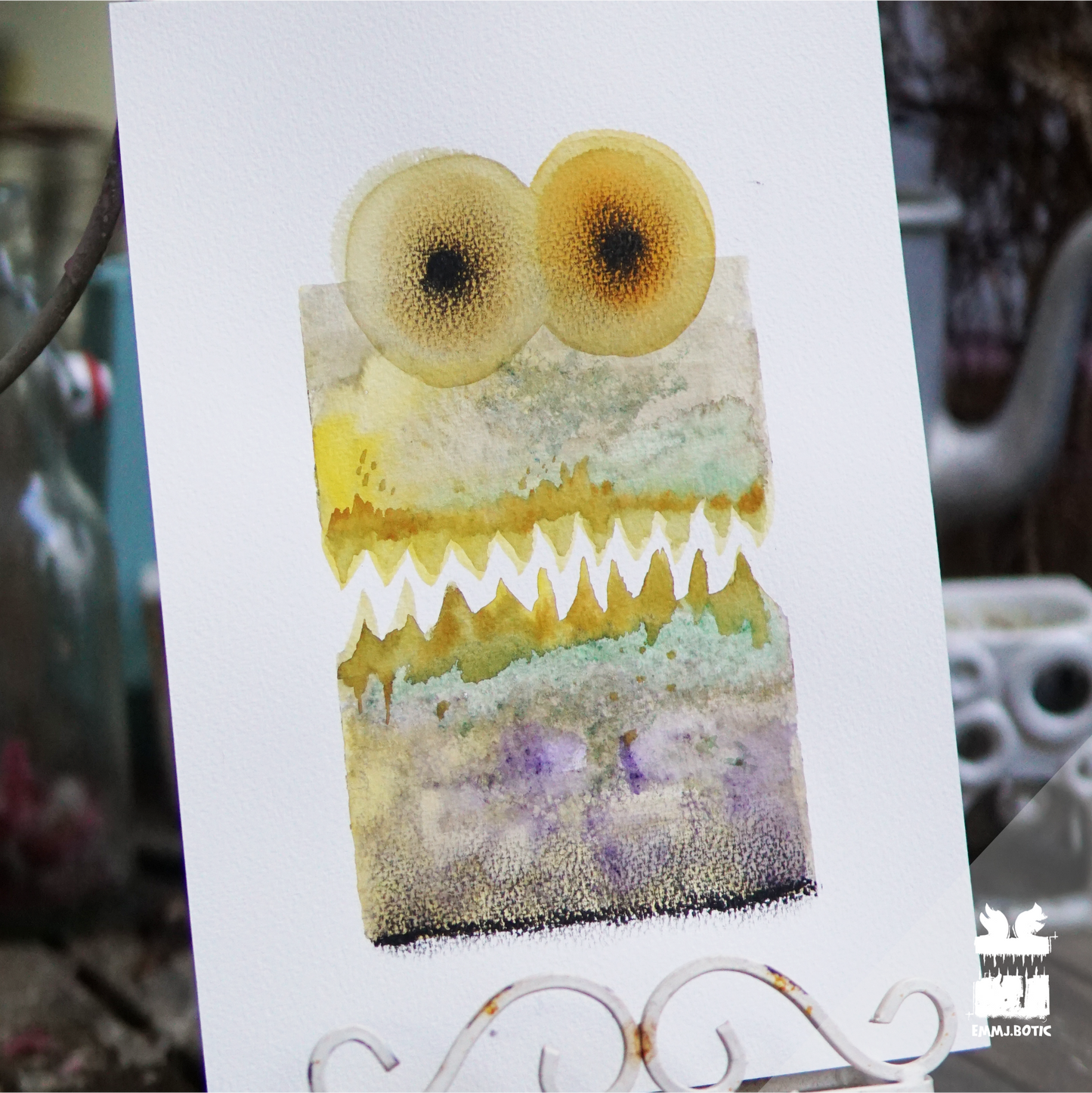 🤖💀🎨#272 "Golden Spectral Serpent: Amethyst Miasma Menace" Aquarell Monster Kunst