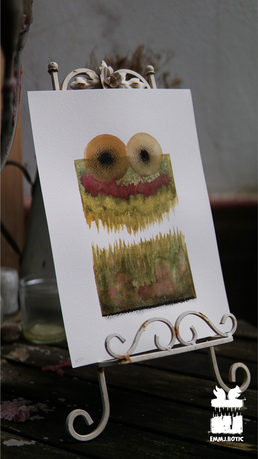 🤖💀🎨#273 "Ochre Infernal Visage: Crimson Spikes" Aquarell Monster Kunst
