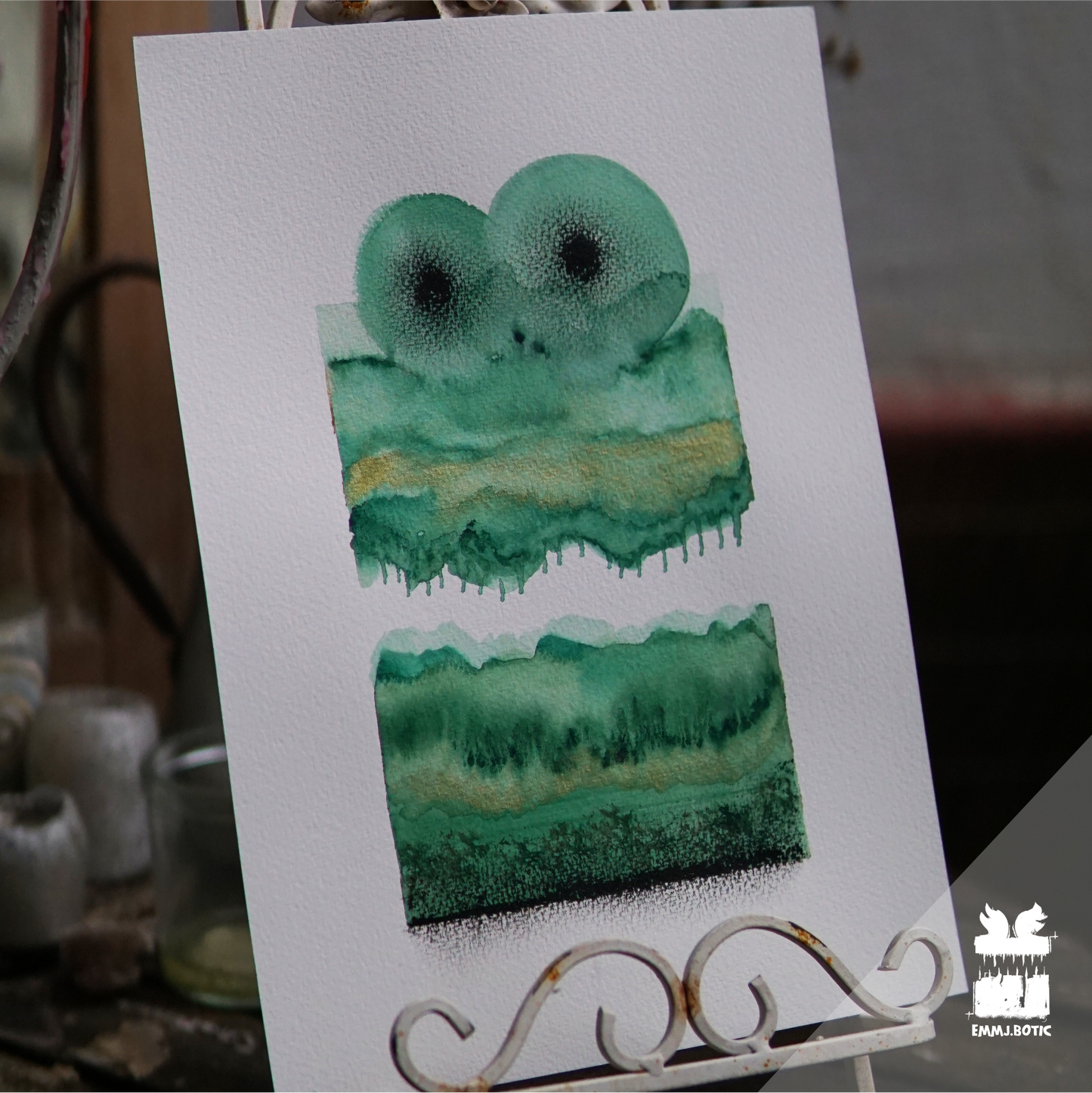 🤖💀🎨#275 "Verdant Mint Monstrosity: Spike Spectrum" Aquarell Monster Kunst Erik Halisch-EMMJ