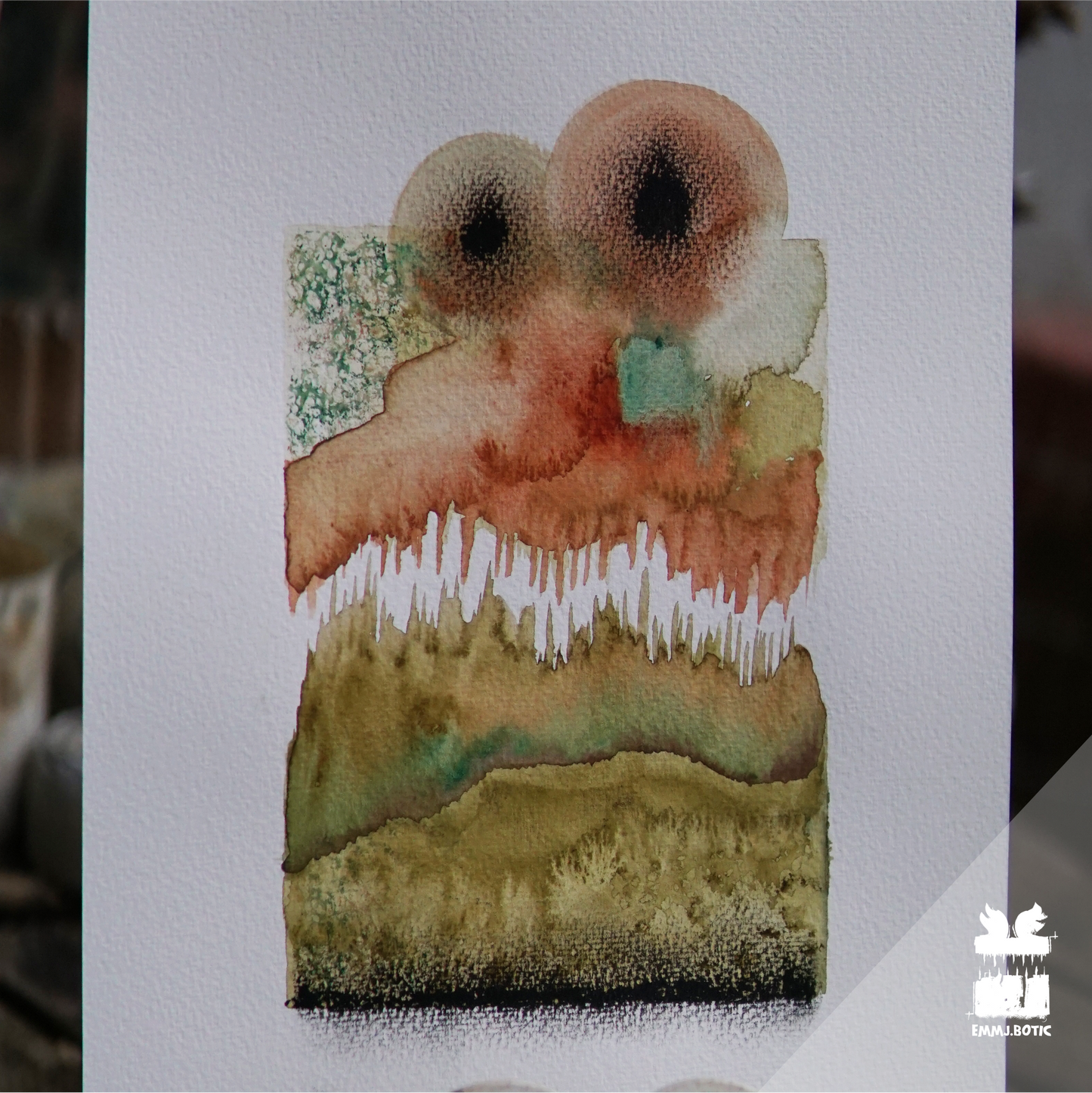 🤖💀🎨#276 "Rustic Sentinel: Olive Spike Specter" Aquarell Monster Kunst