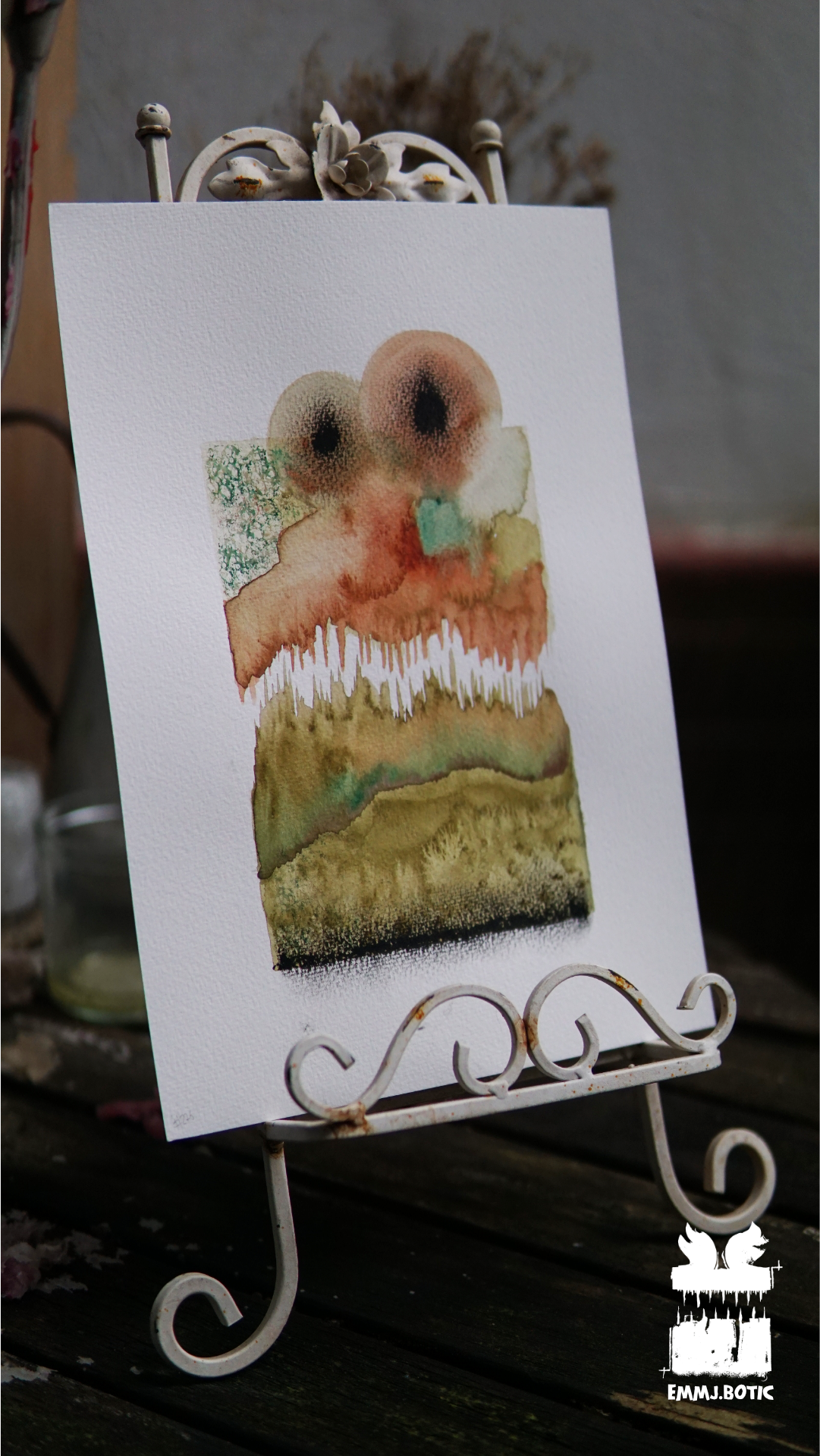 🤖💀🎨#276 "Rustic Sentinel: Olive Spike Specter" Aquarell Monster Kunst