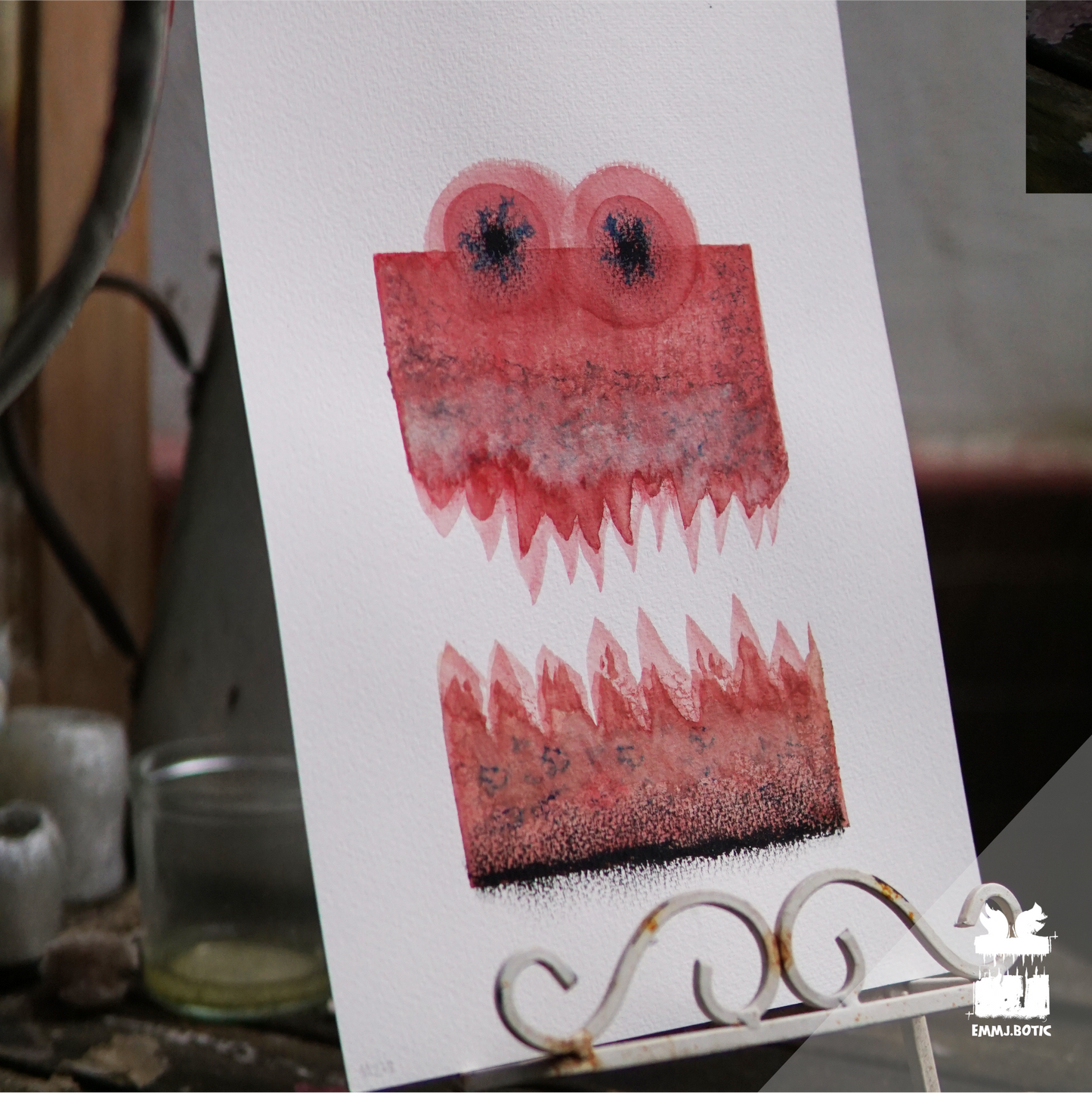 🤖💀🎨#278 "Scarlet Marsh Monstrosity: Marbled Menace" Aquarell Monster Kunst