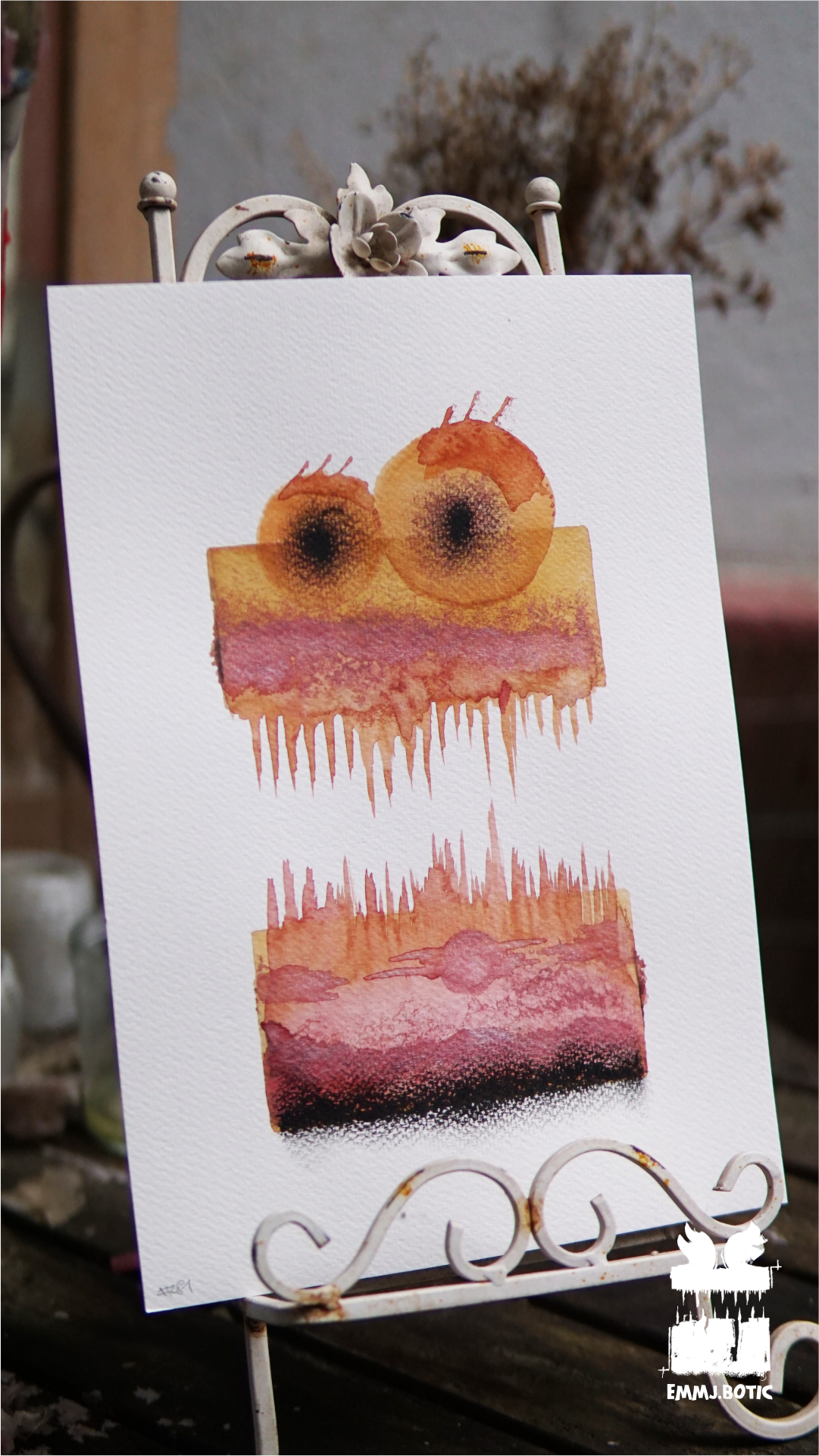 🤖💀🎨#281 "Tangerine Miasma Fiend: Rosy Serpent Stare" Aquarell Monster Kunst