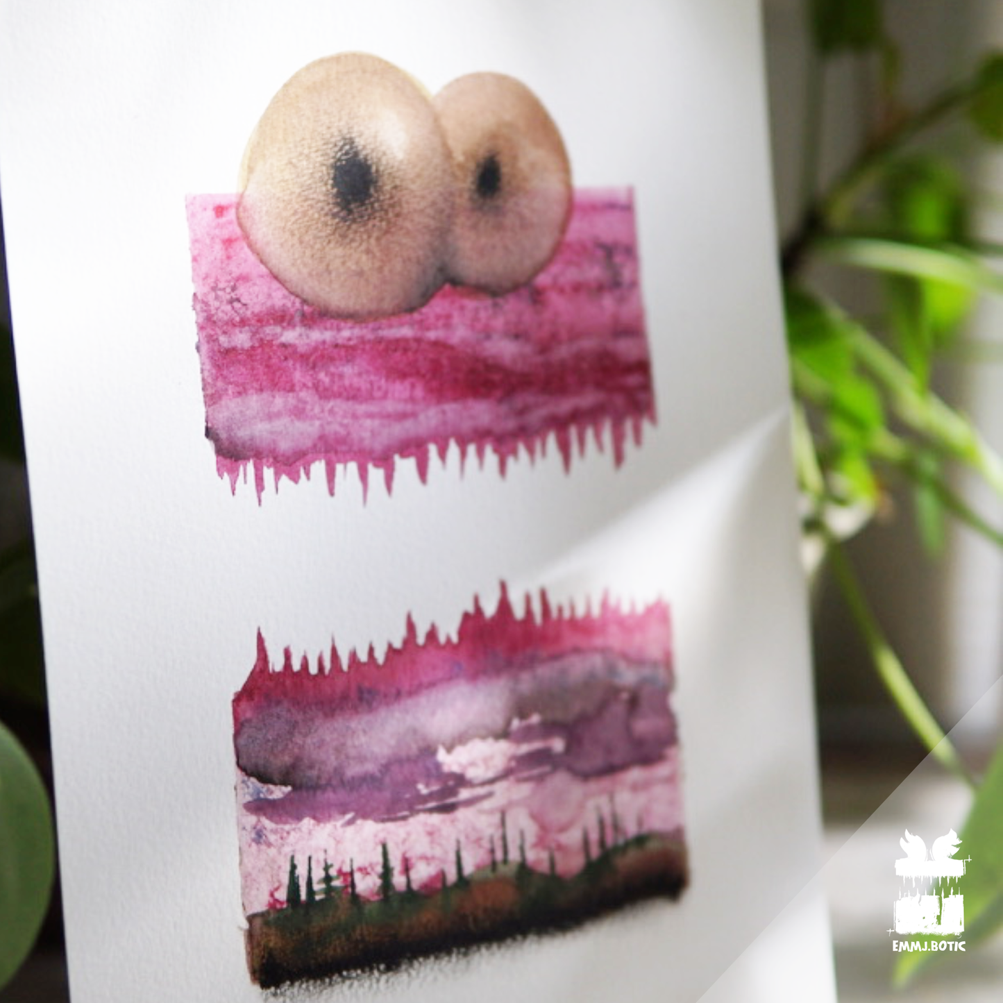 🤖💀🎨#289 "Pinkwood Enigma: Arboreal Glare" Aquarell Monster Kunst