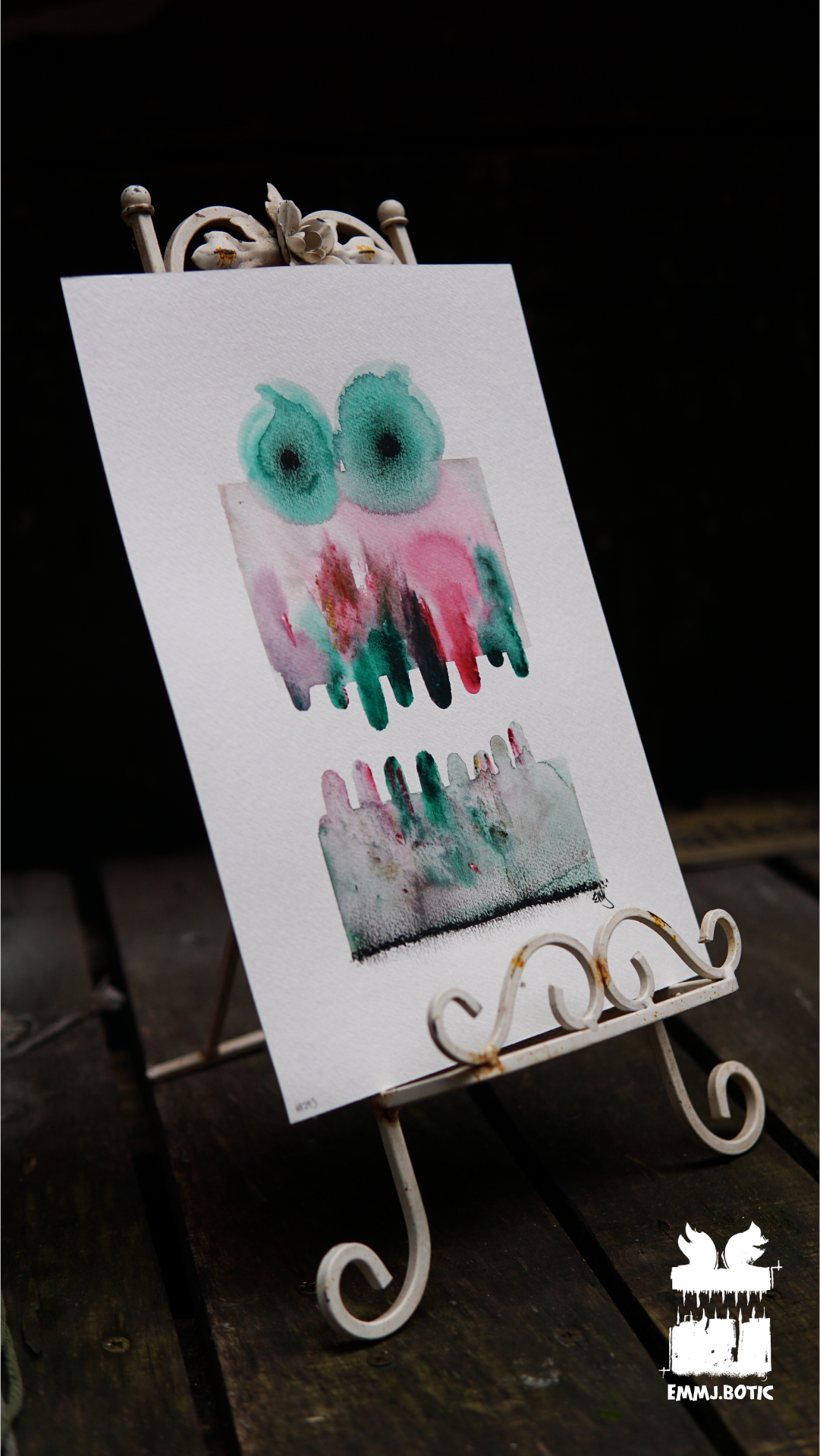 🤖💀🎨#293 "Pastel Prism Creature: Verdant Gaze and Rosy Grin" Aquarell Monster Kunst