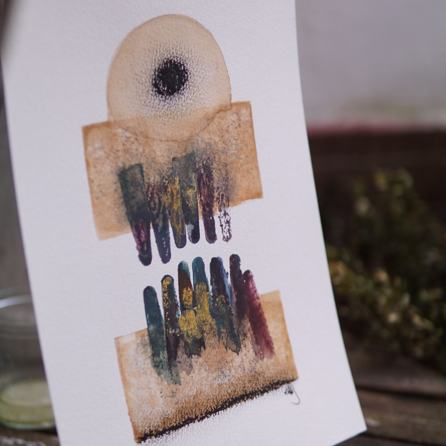 🤖💀🎨#307 "Ochre Enigma: Vivid Monocular Maw" Aquarell Monster Kunst