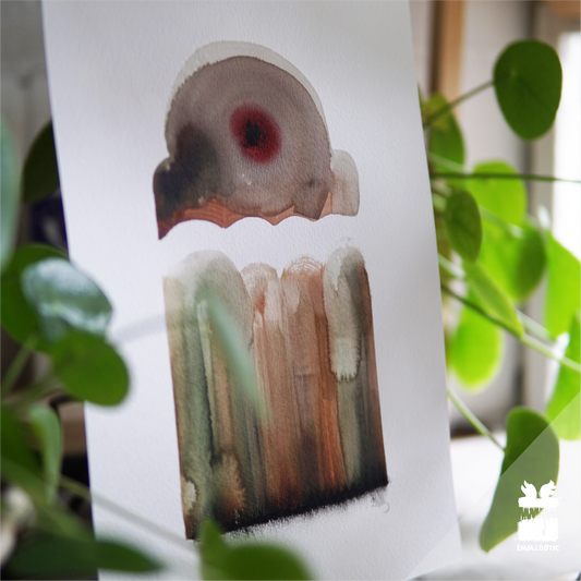 🤖💀🎨#107 "Crimson Optomech: Arboreal Anomaly" Aquarell Roboter Kunst