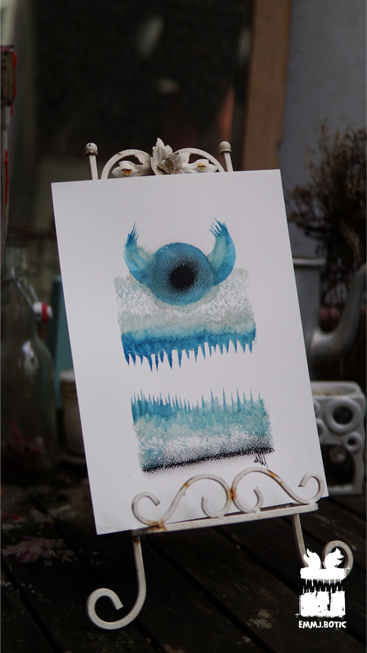 🤖💀🎨#257 "Azure Marbled Cyclops: Cerulean Gaze and Horned Fury" Aquarell Monster Kunst