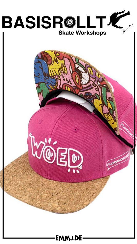 Woed Monster Snapback Cap „Florianosaure“ in knalligem Pink mit Korkdetails Woed